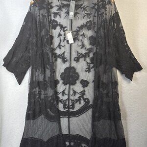 Vince Camuto Cover Up Womens One Size Floral Crochet Lace Boho Kimono Duster BLK